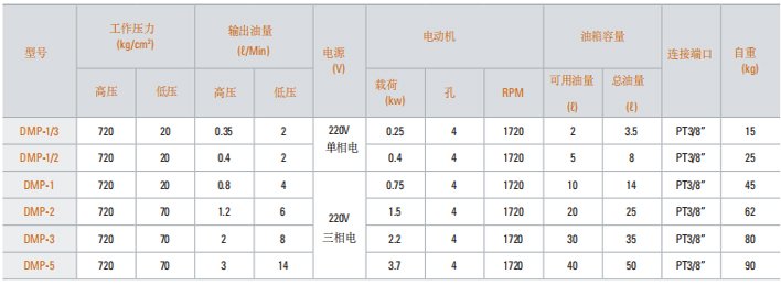 DMP型電動液壓泵技術(shù)參數(shù)